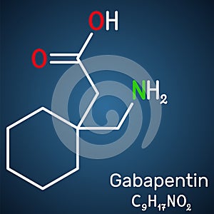 Gabapentin molecule. It is anticonvulsant medication, used to treat neuropathic pain and epilepsy. Structural chemical formula on
