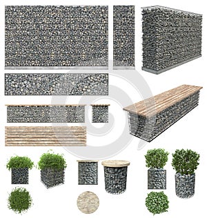 Gabion - stones in wire mesh. Wall, bench, flower pots with plants of the rocks and metal grates. Isolated on white background. Fr