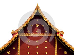 Gable apex on temple roof or Isosceles of Wood Church decorate with gold color in Thailand Temple, Isolated on white background.