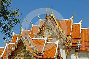Gable Roofs of the Cloister and the Ordination Hall with Fantastic Pediments, Wat Benchamabophit Temple in Bangkok
