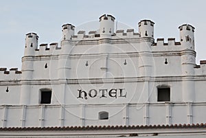 gable roofs of the old historical building, the hotel Bily Konicek, the city Trebon, South Bohemia
