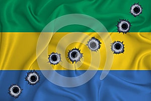 Gabon flag Close-up shot on waving background texture with bullet holes. The concept of design solutions. 3d rendering