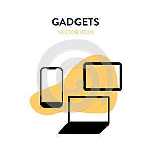 Gadgeds icon. Vector illustration of a smartphone, tablet and laptop on yellow background. Represents concept of different screen