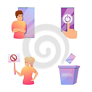 Gadget addiction icons set cartoon vector. Smartphone dependence of people