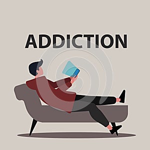 Gadget dependence. Internet addict lying on sofa with smartphone, grey background. Vector illustration in flat style