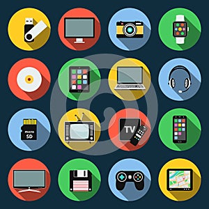 Gadget flat icons. Computer, laptop, tablet, flash drive, camera, smartphone and other.