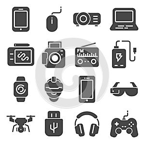 Gadget gray icons set. Joystick and memory card, device technology, camera and smartphone, vector illustration