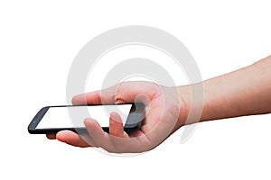 The gadget in the hand of a man close-up. Smartphone with a white screen for insertion