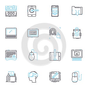 Gadget linear icons set. Smartph, Laptop, Tablet, Camera, Headphs, Earbuds, Smartwatch line vector and concept signs
