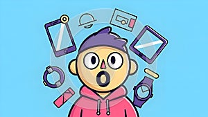 Gadget Overload Cartoon Man Surrounded by Tech Devices, Technology