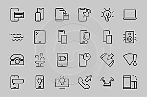 GADGET Set of vector icons of smart devices such as laptop, tablet, protection program, phone, digital network, thin