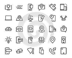 GADGET Set of vector icons of smart devices such as laptop, tablet, protection program, phone, digital network, thin