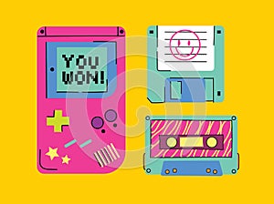 Gadgets 90's vector icon set. Popular in the 90's gadgets game console, audio cassette, floppy disk, vhs