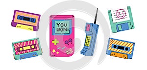 Gadgets 90's vector icon set. Popular in the 90's gadgets game console, audio cassette, floppy disk, vhs