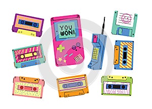 Gadgets 90's vector icon set. Popular in the 90's gadgets game console, audio cassette, floppy disk, vhs