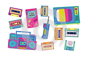 Gadgets 90's vector icon set. Popular in the 90's gadgets game console, audio cassette, floppy disk, vhs