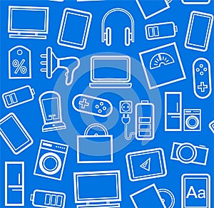 Gadgets and consumer electronics, blue background, seamless, linear pattern.