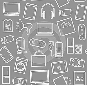 Gadgets and consumer electronics, grey background, seamless, linear pattern.