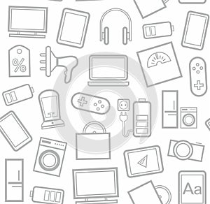 Gadgets and consumer electronics, white background, seamless linear pattern.