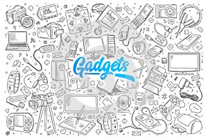 Gadgets doodle set with lettering