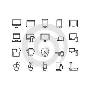 Gadgets and electronic devices flat line icons set. Computer, Tablet, Phone, Monitor, Laptop. Simple flat vector illustration for