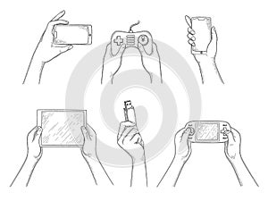 Gadgets in hands. Smart digital mobile devices in human hands holding smartphone laptop tablet pc video cameras vector