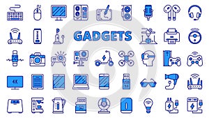 Gadgets icons in line design, blue. PC, gaming, game pad, game box, scales, bathroom scales, bulb, charger, scooter