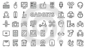 Gadgets icons in line design. PC, gaming, game pad, game box, scales, bathroom scales, bulb, charger, scooter, coffee