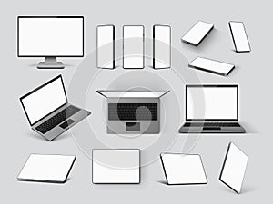 Gadgets mockups. Realistic laptop, mobile phone, computer monitor screen and tablet in front, angle and top view. 3d smart device