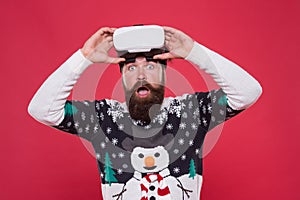 Gadgets review. Techno blogger. Bearded hipster play game vr. Merry christmas. Cyber gaming. Virtual achievement. Future