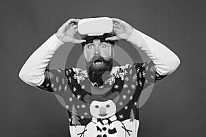 Gadgets review. Techno blogger. Bearded hipster play game vr. Merry christmas. Cyber gaming. Virtual achievement. Future