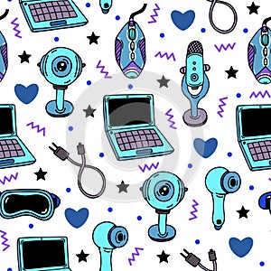 Gadgets seamless vector pattern. Modern devices - laptop, webcam, microphone, pc mouse, wireless headphones. Tech for