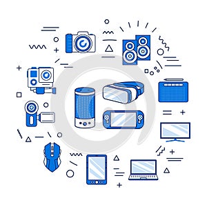 Gadgets web banner. Electronic devices. Infographics with linear icons on white background. Creative idea concept. Isolated