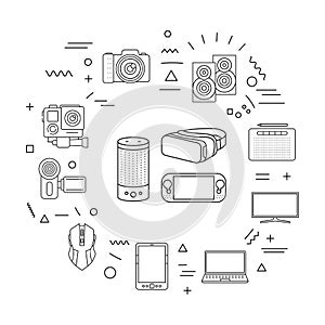 Gadgets web banner. Electronic devices. Infographics with linear icons on white background. Creative idea concept. Isolated