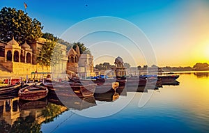 Gadi Sagar Lake Gadisar - A popular tourist destination in Jaisalmer Rajasthan at sunrise.