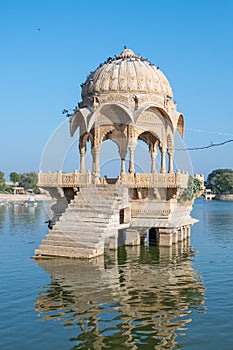Gadsisar Sagar Lake with historic buildings to store rainwater and ensure a steady water supply for the city of Jaisalmer