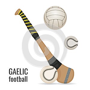 Gaelic football club and balls icon set. Irish football sport equipment. Vector photo