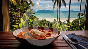 Gaeng Daeng Red Curry On A Wooden Table Backdrop Of The Bergue Thailand Cafe. Generative AI