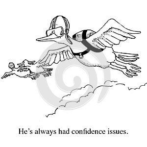 Gag Cartoon of a Bird With Confidence Issues.