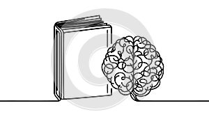 Gain knowledge from books - continuous line drawing of Open book lying down with big human brain flying above.