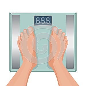 Gain weight concept. Fat female foot on scale. Vector