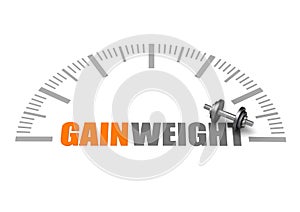 Gain weight text with dumbbell and weight scale photo