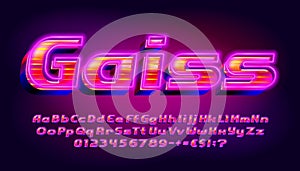 Gaiss alphabet font. 3D effect glowing letters, numbers and punctuations. Uppercase and lowercase.