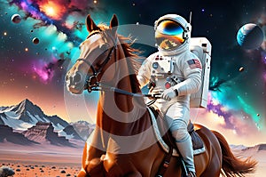 Galactic Canter: Horse Riding an Astronaut Mid-Gallop, Celestial Bodies in the Backdrop, Nebulae Casting a Vibrant Glow