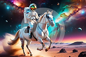 Galactic Canter: Horse Riding an Astronaut Mid-Gallop, Celestial Bodies in the Backdrop, Nebulae Casting a Vibrant Glow
