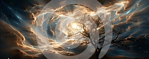 Galactic Forest Forest of trees with branches intertwined with nebula-like, swirling clouds, mystical and celestial photo