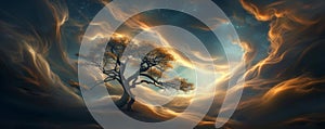Galactic Forest Forest of trees with branches intertwined with nebula-like, swirling clouds, mystical and celestial photo
