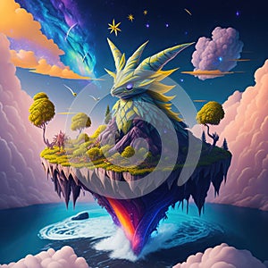Galactic Guardian: AI-Generated Wolf on an Island in a Rainbow Cloud