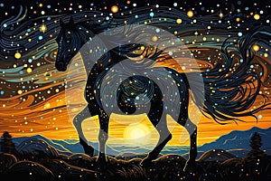 Galactic Sunrise: A Majestic Horse Gallops Through a Field of Go