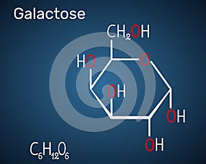 Galactose, alpha-D-galactopyranose, milk sugar molecule. Cyclic form. Structural chemical formula on the dark blue background